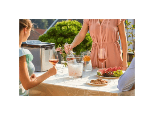 Oslava v zahradě s ovocem, vínem a posezením.