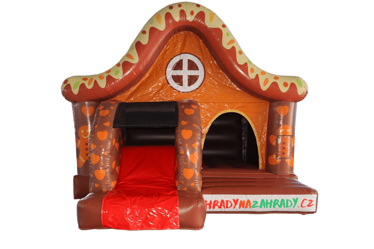 Nafukovací dětský domeček s perníkovým motivem a skluzavkou, ideální pro venkovní hry a zábavu dětí.