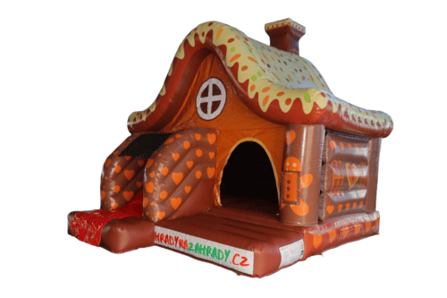 Nafukovací dětský domeček s perníkovým motivem a veselými barvami, ideální pro zábavu na zahradě.