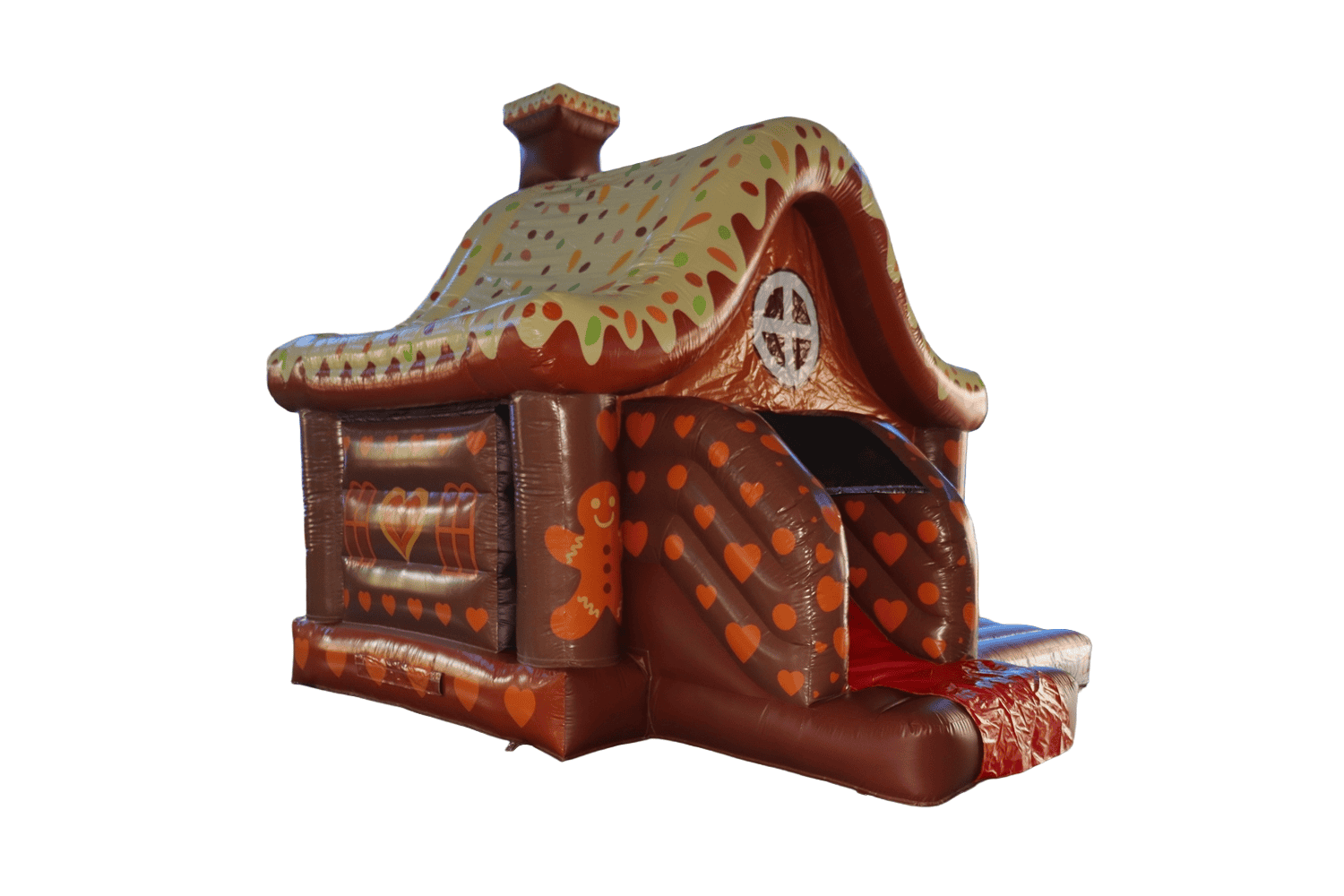 Nafukovací dětský hrad s perníkovým motivem a barevnými detaily, ideální pro venkovní i vnitřní hry.
